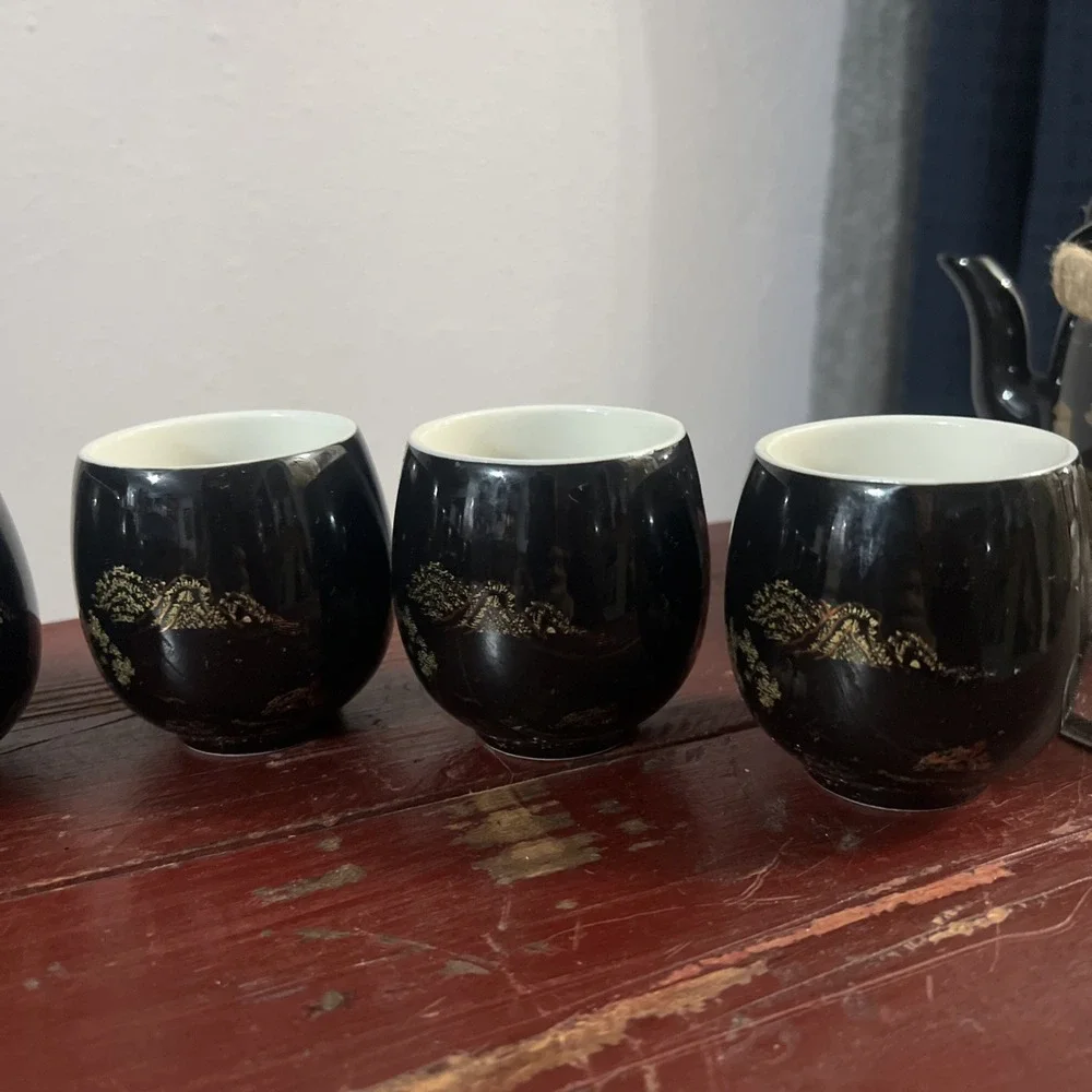 Vintage Dujust Japanese Tea Pot & 6 Cups Black & Gold House & Tree‎ Design